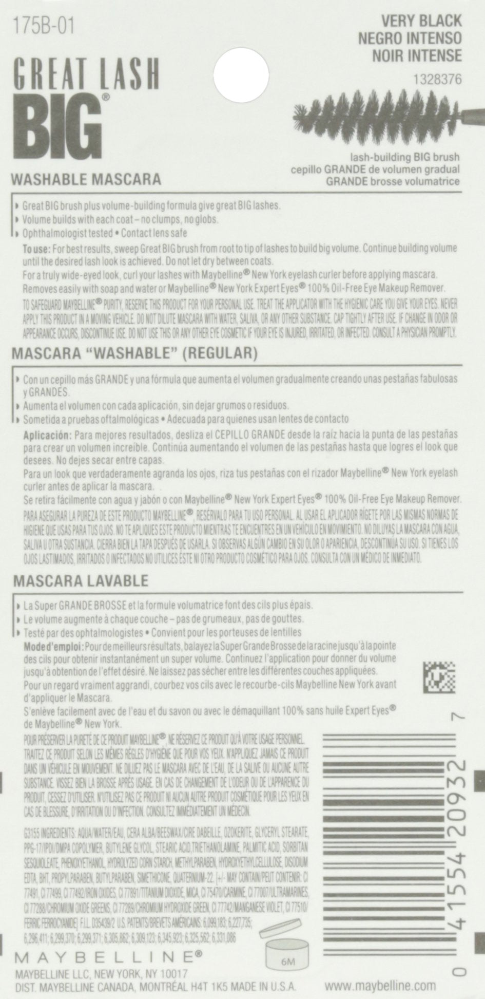 Maybelline Great Lash Washable Mascara Makeup, Volumizing Lash-Doubling Formula That Conditions As It Thickens, Blackest Black, 1 Count
